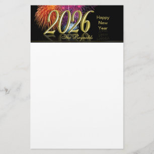 Happy New Year 2026 Gold Fireworks Stationery