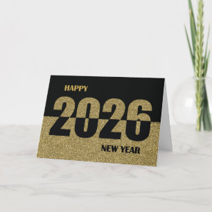 Happy New Year 2026, Gold Glitter-Look & Black Holiday Card