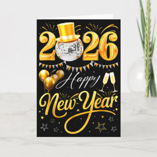 Happy New Year 2026 Gold Hat Disco Ball Balloon Ce Card