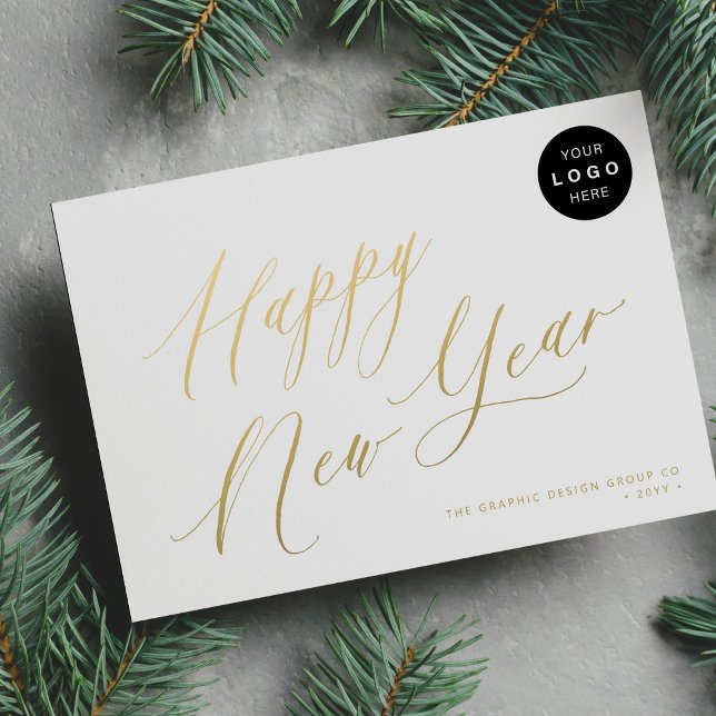 Happy New Year 2026 gold script business LOGO Holiday Card (Creator Uploaded)