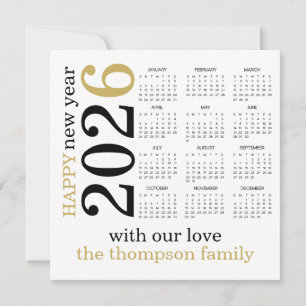 Happy New Year 2026 Gold White Calendar Holiday Card