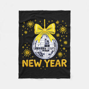 Happy New Year 2026 Golden Disco Ball Bow New Year Fleece Blanket