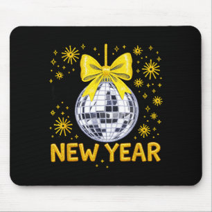 Happy New Year 2026 Golden Disco Ball Bow New Year Mouse Pad