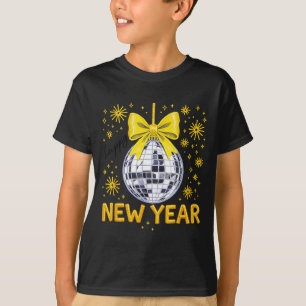 Happy New Year 2026 Golden Disco Ball Bow New Year T-Shirt