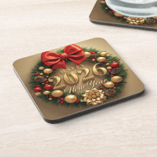 happy new year 2026 golden wreath coasters
