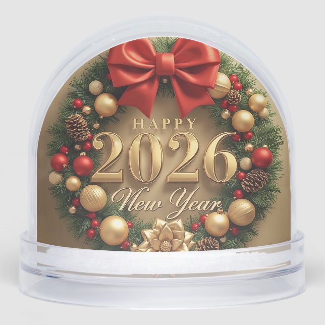 happy new year 2026 golden wreath snow globe (Front)