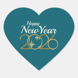 Happy New Year 2026 Heart Sticker Elegant Green & 