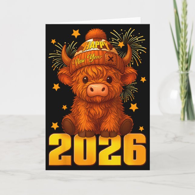 Happy New Year 2026 Highland Cow &amp; Party Hat N Card (Front)