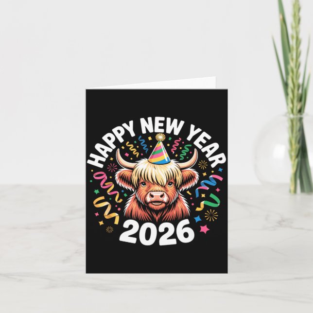 Happy New Year 2026 Highland Cow &amp; Party Hat N Card (Front)
