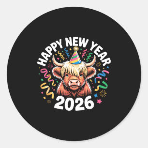 Happy New Year 2026 Highland Cow & Party Hat N Classic Round Sticker