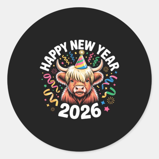 Happy New Year 2026 Highland Cow &amp; Party Hat N Classic Round Sticker (Front)