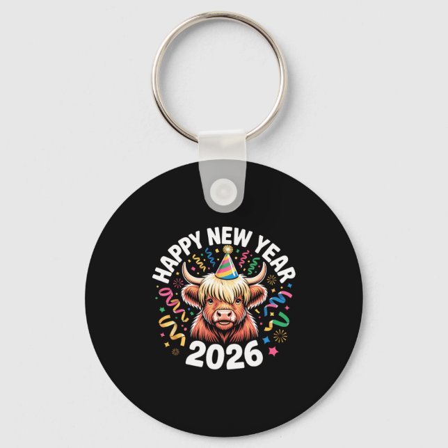 Happy New Year 2026 Highland Cow &amp; Party Hat N Key Ring (Front)