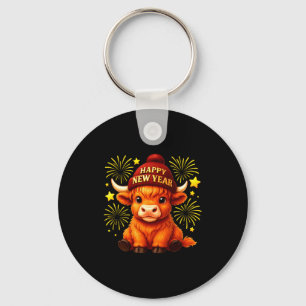 Happy New Year 2026 Highland Cow &amp; Party Hat N Key Ring