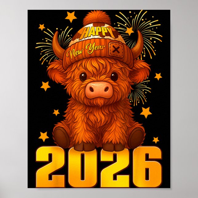 Happy New Year 2026 Highland Cow &amp; Party Hat N Poster (Front)