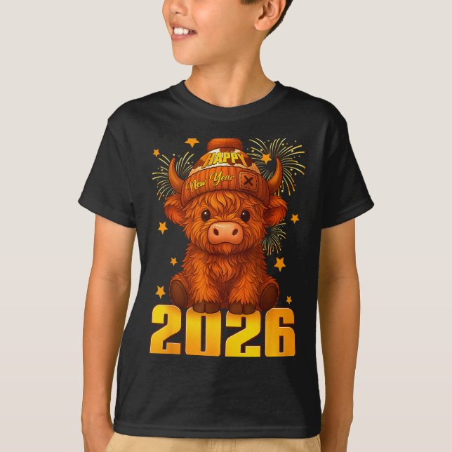 Happy New Year 2026 Highland Cow &amp; Party Hat N T-Shirt (Front)