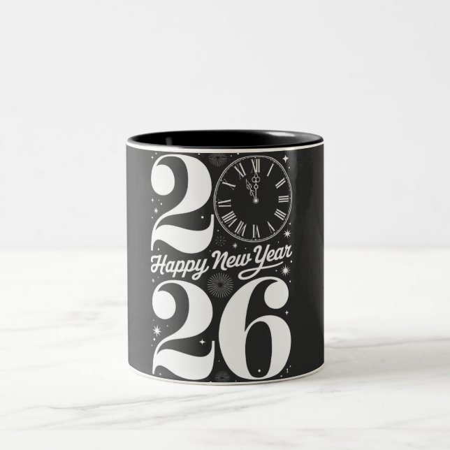 Happy New Year 2026 Midnight Clock Countdown Two-Tone Coffee Mug (Center)