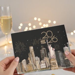 Happy New Year 2026! NYC Skyline   Gold Fireworks Holiday Card