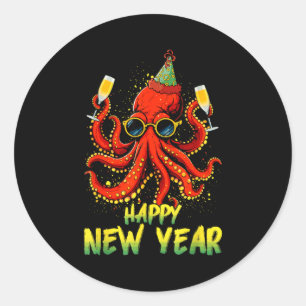 Happy New Year 2026 Octopus Drinking Champagne New Classic Round Sticker
