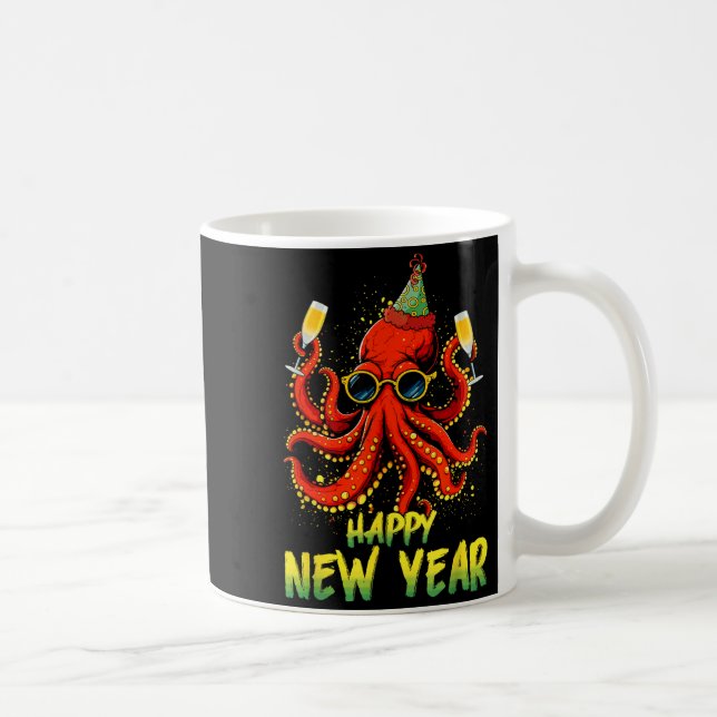 Happy New Year 2026 Octopus Drinking Champagne New Coffee Mug (Right)
