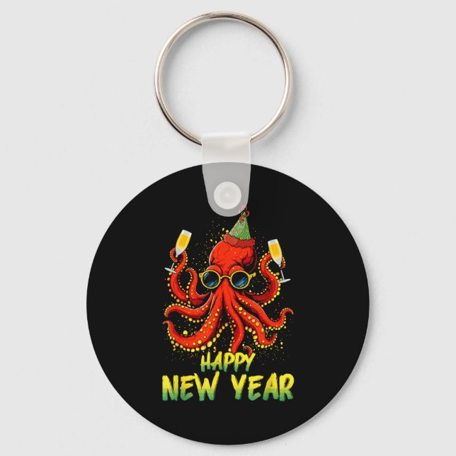 Happy New Year 2026 Octopus Drinking Champagne New Key Ring (Front)