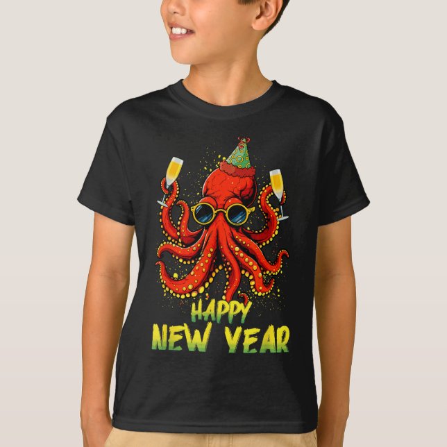 Happy New Year 2026 Octopus Drinking Champagne New T-Shirt (Front)