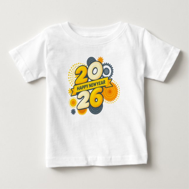  Happy New Year 2026 Retro Gear Burst Tee (Front)