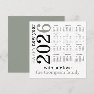 Happy New Year 2026 Sage White Calendar Holiday Card