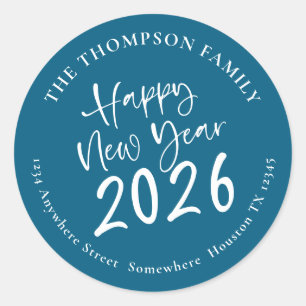 Happy New Year 2026 Script Return Address Teal Classic Round Sticker