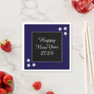 Happy New Year 2026 Silver Stars Black and Blue Napkin