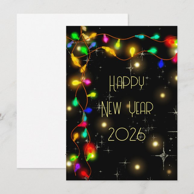 Happy new year 2026, stars and lighting garlands holiday card (Front/Back)