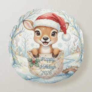 Happy New Year 2026 with cute Deer Round Cushion