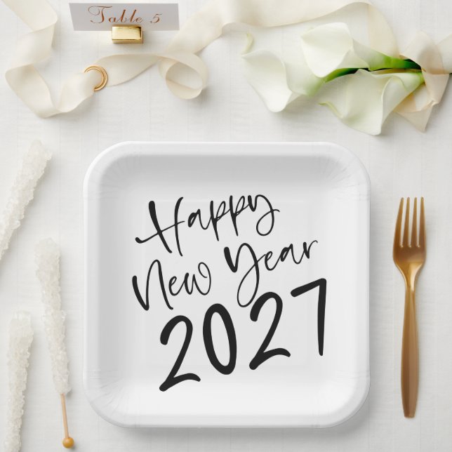 Happy New Year 2027 Black Script  Paper Plate (Wedding)