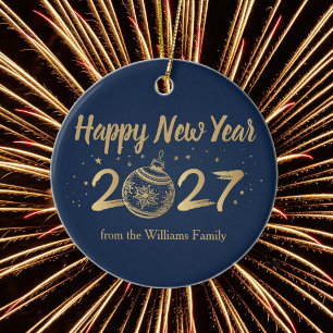 Happy New Year 2027 Chic Navy Blue Gold Custom Ceramic Tree Decoration