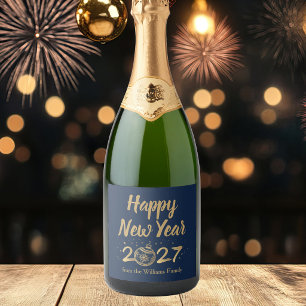 Happy New Year 2027 Chic Navy Blue Gold Party Sparkling Wine Label