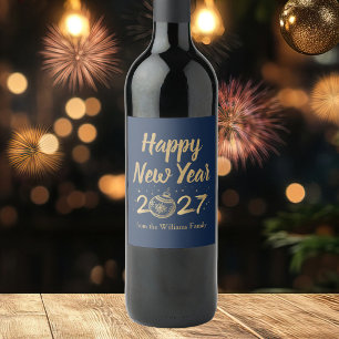 Happy New Year 2027 Chic Navy Blue Gold Party Wine Label