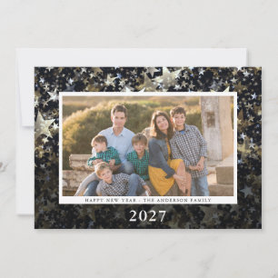 Happy New Year 2027 Gold Stars on Black Photo Holiday Card