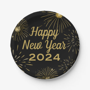 Happy New Year 2027 Party Black Gold Paper Plate