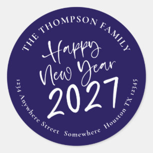 Happy New Year 2027 Script Return Address Navy Classic Round Sticker