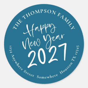 Happy New Year 2027 Script Return Address Teal Classic Round Sticker