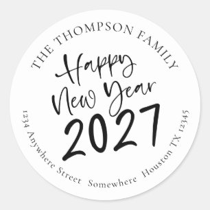 Happy New Year 2027 Script Return Name Address Classic Round Sticker