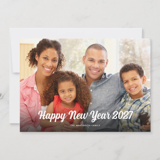 Happy New Year 2027 Simple Script Overlay Holiday Card (Front)