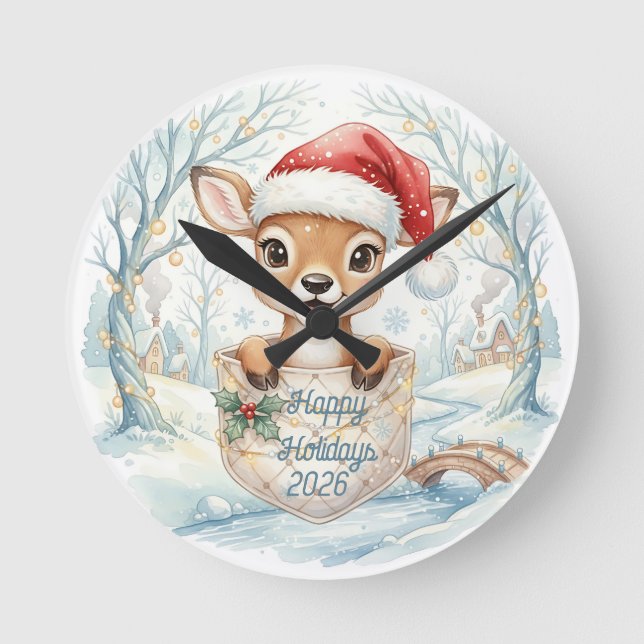 Happy New Year 2027 with Santa Deer Round Clock (Front)