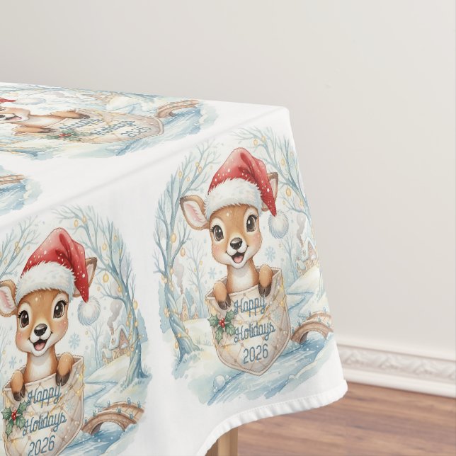 Happy New Year 2027 with Santa Deer Tablecloth (In Situ)