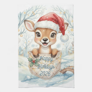Happy New Year 2027 with Santa Deer Tea Towel