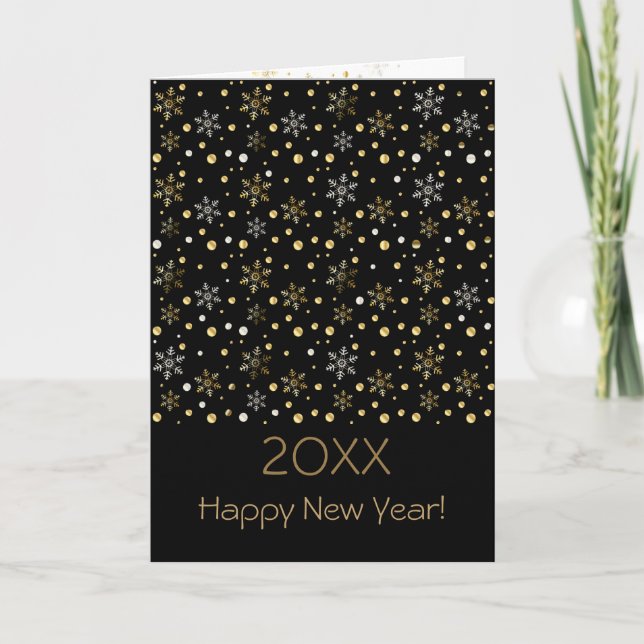 Happy New Year 20XX & Gold Christmas Characters Holiday Card (Front)