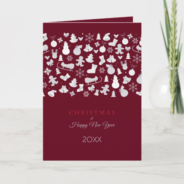 Happy New Year 20XX & Silver Christmas Characters Holiday Card (Front)