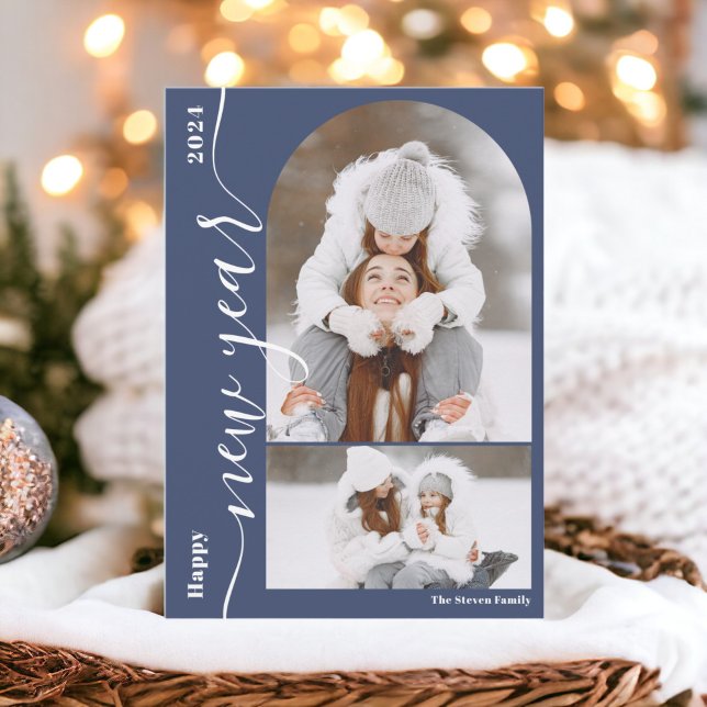 Happy New Year 3 photo arch modern script  blue Holiday Card (Happy New Year 3 photo arch modern script blue Holiday Card)