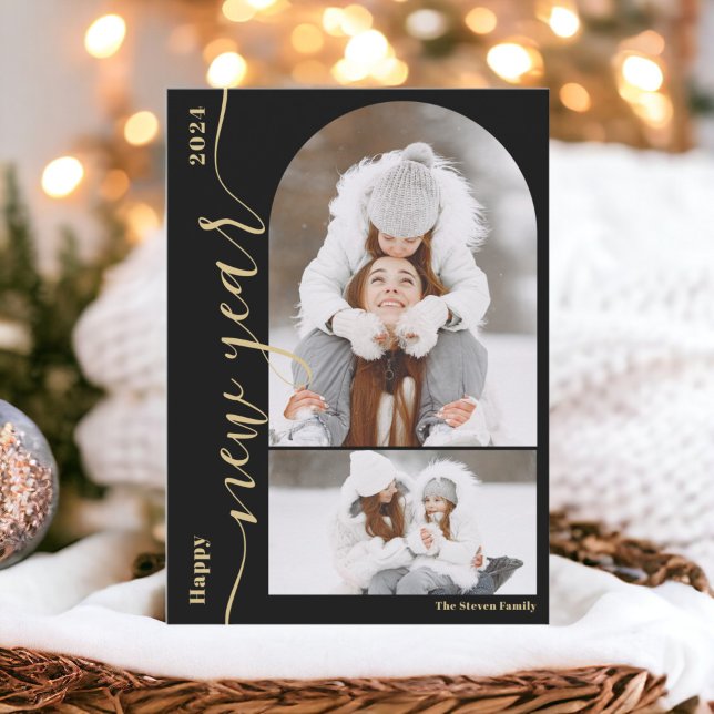 Happy New Year 3 photo arch modern script gold Holiday Card (Happy New Year 3 photo arch modern script gold Holiday Card)