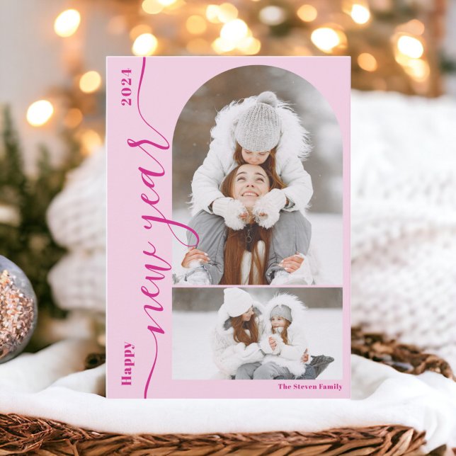 Happy New Year 3 photo arch modern script hot pink Holiday Card (Happy New Year 3 photo arch modern script hot pink Holiday Card)