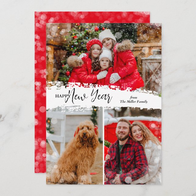 Happy New Year 3 Photo Holiday Card (Front/Back)